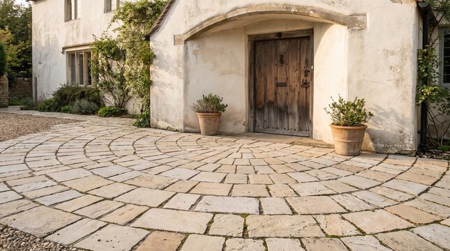Traditional house entrance exterior, Fan patterned stone paving, Wooden arched residential doorway, Textured plaster home facade, Detailed Mediterranean entry architecture