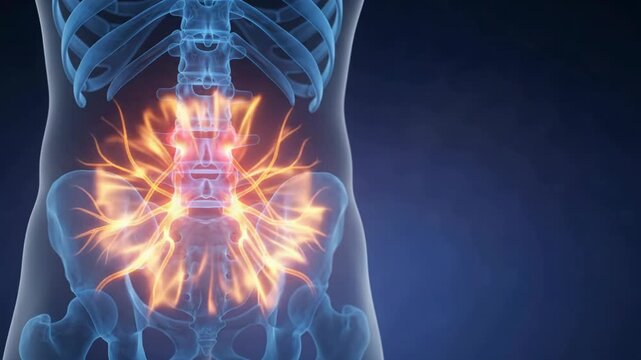 Human Spine Lumbar Pain - Glowing Red Nerve Signals in Lower Back and Pelvis - 3D Medical Animation Anatomy Footage