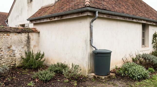 Rainwater collection house exterior, Downspout barrel garden system, Traditional sustainable residential facade, Stucco home water conservation, Practical Mediterranean property