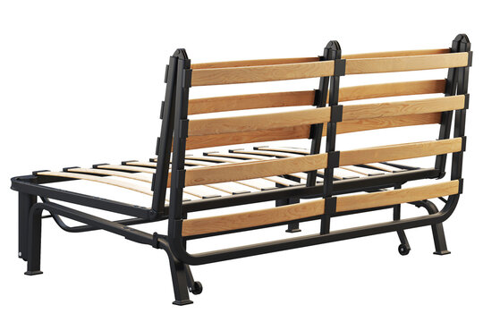 Foldable bed frame with a black metal structure, curved wooden slats and a wooden backrest. Isolated 3D render for furniture product visualisation.