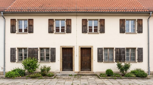 Symmetrical duplex house exterior, Paired residential entrance facades, Cream Mediterranean building design, Matching shutter home architecture, Balanced two unit residence
