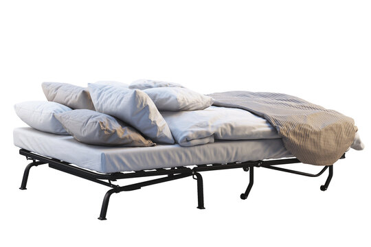 Foldable guest bed with a black metal frame, white bedding, multiple pillows and a textured beige knitted throw. Isolated 3D render for furniture visualisation.