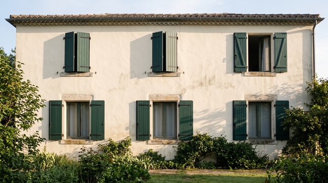 Cream house with shutters, Partly open green windows, Morning residential facade shadows, Traditional Mediterranean home exterior, Detailed wooden shutter architecture