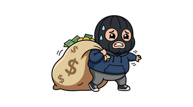Worried Thief Carrying Bag of Money Isolated