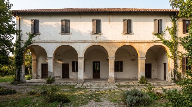 Shaded arcade house exterior, Rounded arch residential facade, Mediterranean covered walkway architecture, Traditional two story home, Elegant plaster property design