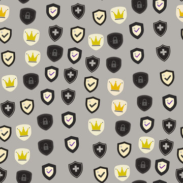 Shield icons pattern with lock, checkmark, cross, and crown