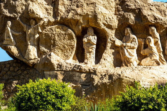 Moqattam neighborhood in Cairo, Egypt. St. Simon Coptic Monastery. Monumental sculptures carved directly from limestone depict the biblical story of the Resurrection.