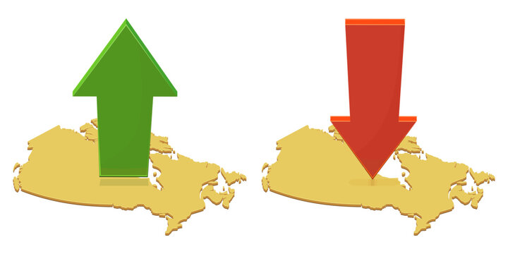 3D illustration symbolizing Canadian economic growth vs recession, financial recovery, market trends, and inflation with up and down arrows on golden maps (cut out)