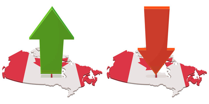 3D illustration of Canada economic growth vs recession, market trends, and financial recovery with up and down arrows on national flag state maps (cut out)