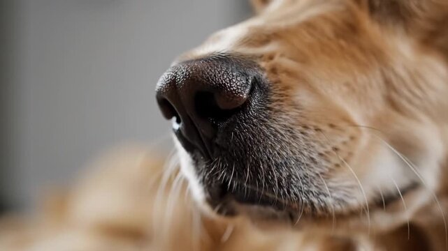 Close up golden retriever muzzle remains motionless. Dark nose, tan fur, and fine whiskers stand out against smooth gray backdrop, creating intimate pet portrait with relaxed, peaceful feel.
