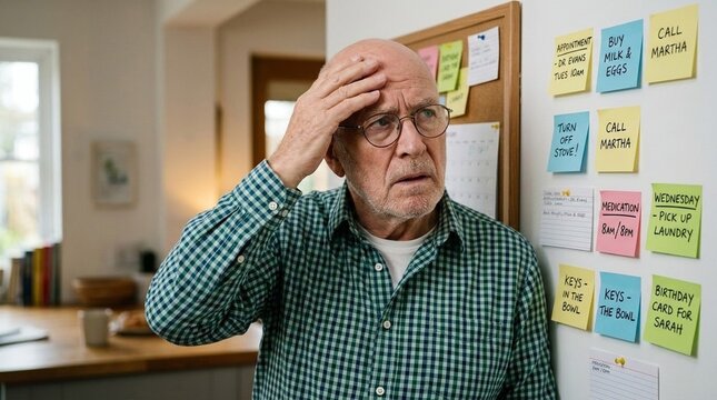 Confused senior man experiencing memory loss and dementia symptoms