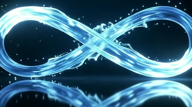 Glowing blue infinity sign with reflection on dark background