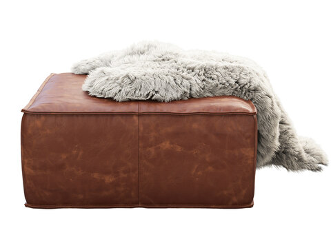 Brown leather ottoman with a cream shaggy faux fur throw draped over the top. Isolated 3D render for furniture visualisation.