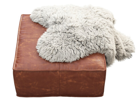Brown leather ottoman with a cream shaggy faux fur throw draped over the top. Isolated 3D render for furniture visualisation.