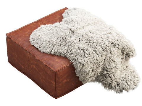 Brown leather ottoman with a cream shaggy faux fur throw draped over the top. Isolated 3D render for furniture visualisation.