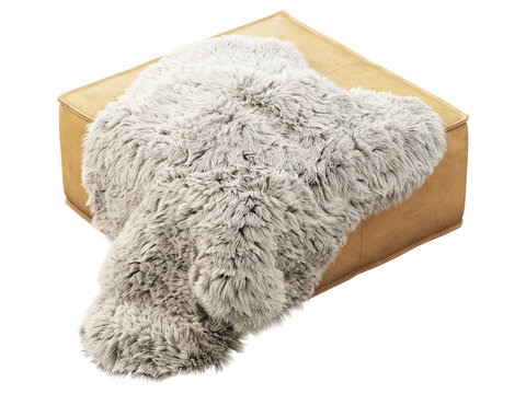 Mustard brown leather ottoman topped with a cream shaggy faux fur throw. Isolated 3D render for furniture visualisation.