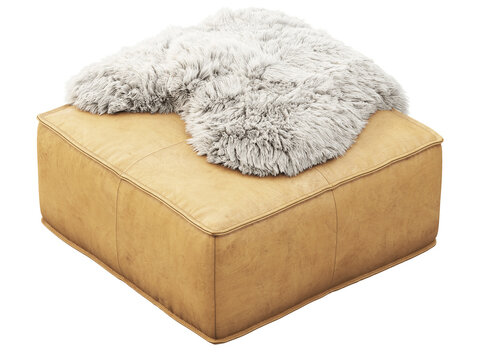 Mustard brown leather ottoman topped with a cream shaggy faux fur throw. Isolated 3D render for furniture visualisation.