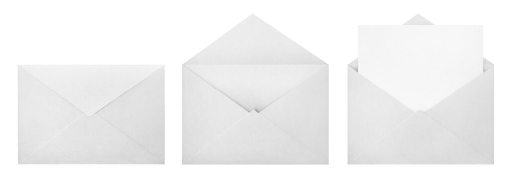 Set of white mailing envelopes showing three stages of opening and receiving letter, isolated on transparent cutout background