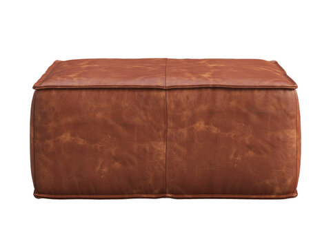 Distressed cognac brown leather ottoman with a square cushioned top, stitched seams and piped edges. Isolated 3D render for furniture visualisation.