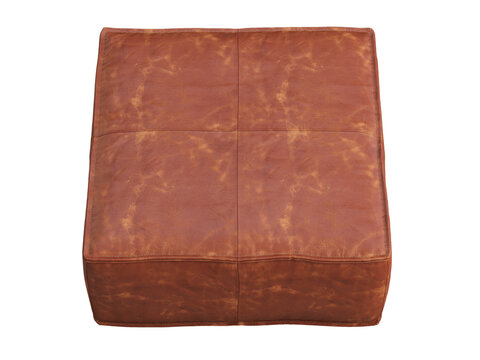 Distressed cognac brown leather ottoman with a square cushioned top, stitched seams and piped edges. Isolated 3D render for furniture visualisation.