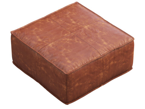 Distressed cognac brown leather ottoman with a square cushioned top, stitched seams and piped edges. Isolated 3D render for furniture visualisation.