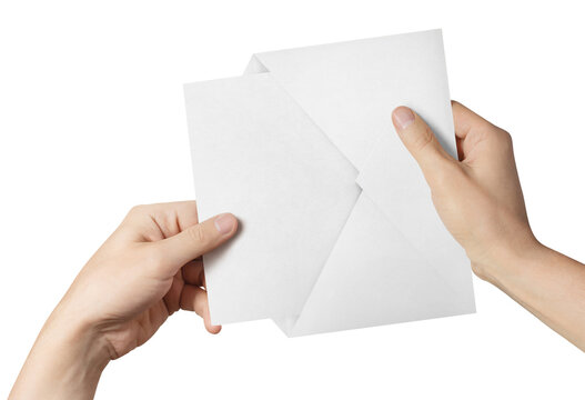 Blank white paper letter being pulled out of white mailing envelope, isolated on transparent cutout background