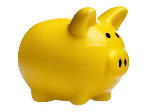 Glossy yellow piggy bank for saving money and coins, isolated on transparent cutout background