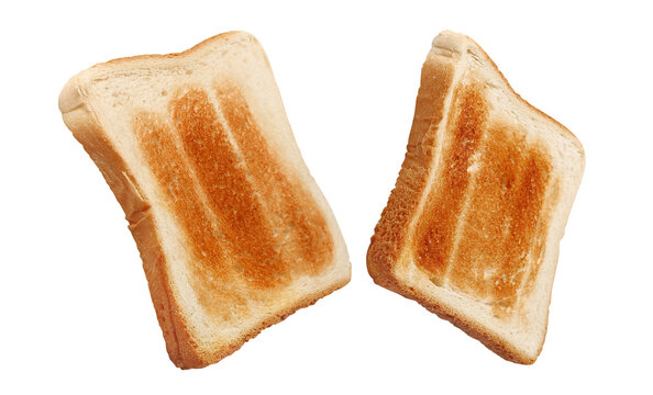 Two golden toasted white bread slices floating in air, isolated on transparent cutout background