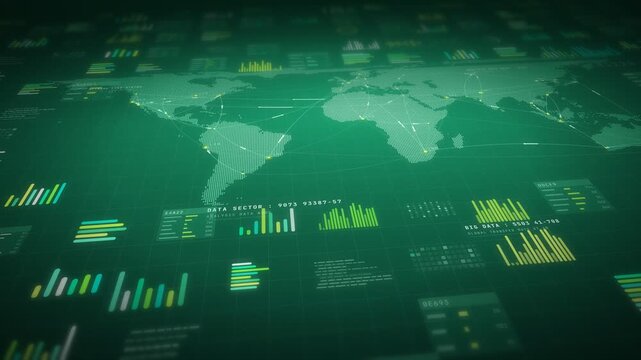 Green HUD world map with network links between city nodes and yellow green bar chart widgets on a tilted table, logistics and big data animation