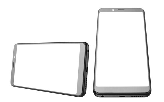 Two smartphones with empty transparent screens in landscape and portrait orientations, isolated on transparent cutout background