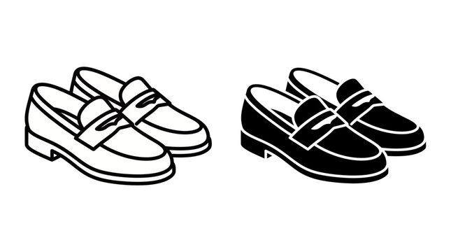 Minimalist black and white line art and silhouette of classic penny loafers footwear set against a clean background, symbolizing sophisticated men's fashion while illustrating professional style