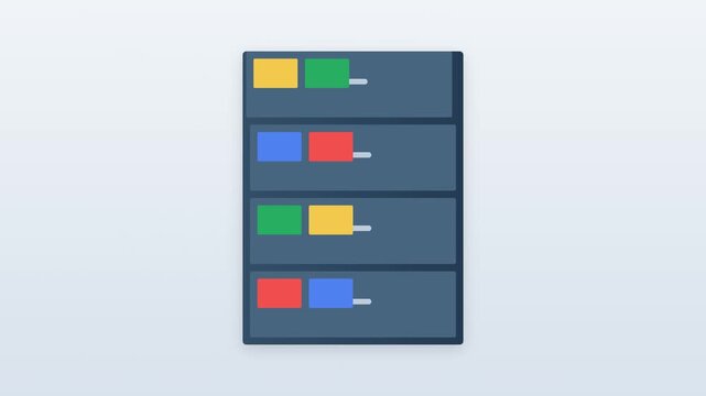 An elegant corporate filing cabinet glides open drawer by drawer in an automated rhythmic sequence. Vibrantly colored tabbed folders slide smoothly into precise slots, as loose documents fluidly hover