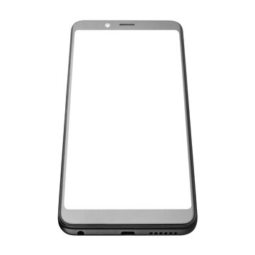 Mobile phone with empty white display mockup, isolated on transparent cutout background