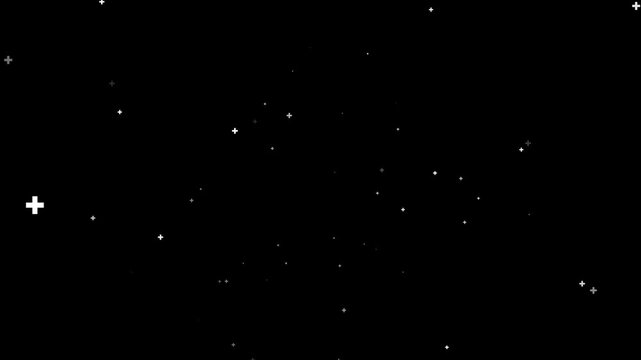 A dark abstract background filled with numerous small white and grey plus signs of varying sizes and opacities scattered across the frame, suggesting a digital network, data points, or a starry sky