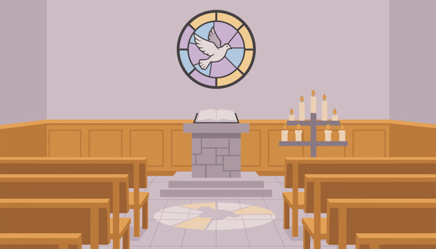 Interior view of a simple church sanctuary with an altar and pews