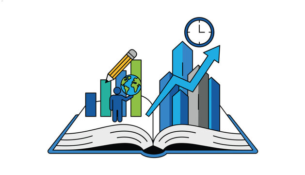 Educational business research and economic knowledge concept featuring open book filled with data charts and global icons.