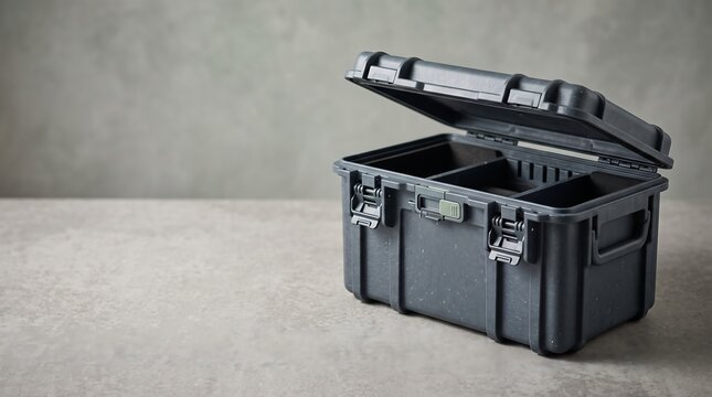 Sturdy dark gray professional plastic storage case with interior dividers for tool and gear carrying.