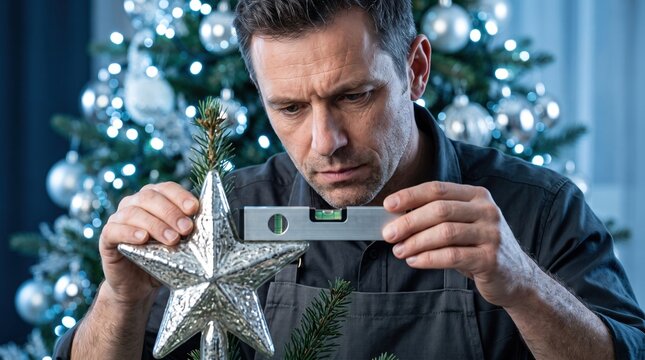 A focused man using a spirit level to perfectly align the star topper on a Christmas tree