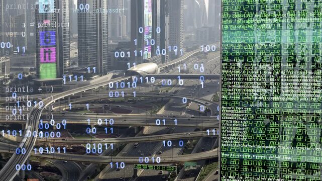 dubai cyberpunk city with overlayed code and data on the buildings