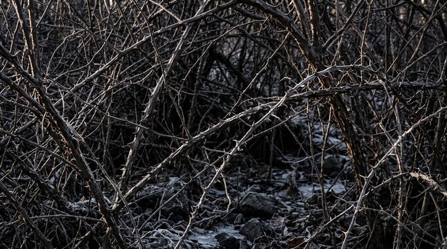Dark Spooky Thicket of Bare Thorny Branches in Winter Creating a Moody Halloween Forest Background