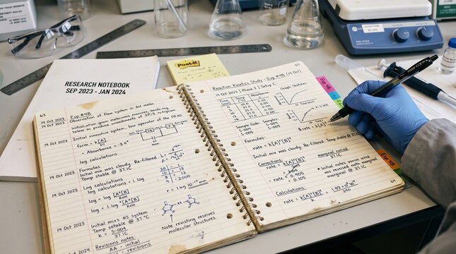 Research notes in a laboratory with scientific calculations and data  