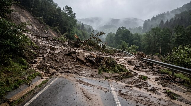 Landslide blocking road with muddy debris in a forested area  