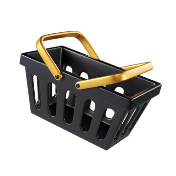 3D Black plastic Shopping Basket with Gold Handle isolated. Modern retail icon ideal for groceries, ecommerce, Black Friday.
