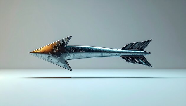 Antique Metal Arrow with Scratches Floating on White Background