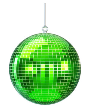 3d green disco ball for party and club design isolated on background. Mirror sphere, shiny globe shape for retro nightlife, celebrations.
