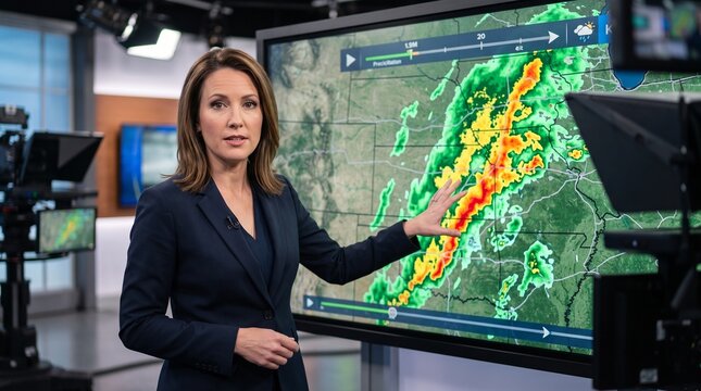 Weather presenter explaining storm patterns on a digital map  