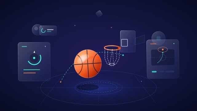 Digital Animation of Basketball Physics Simulation with Trajectory Graphs and User Interface Panels on Dark Background