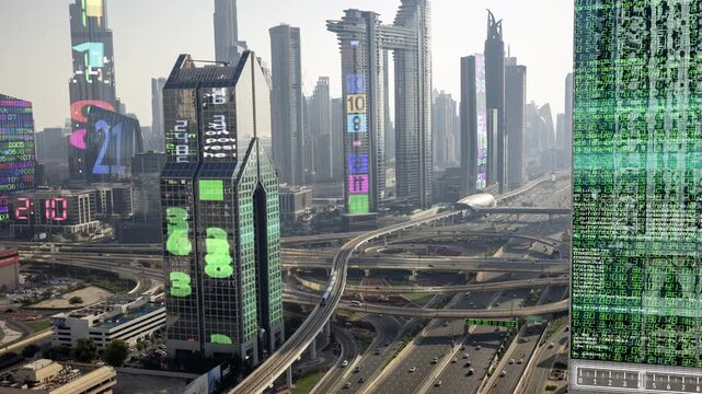 dubai cyberpunk city with overlayed code and data on the buildings