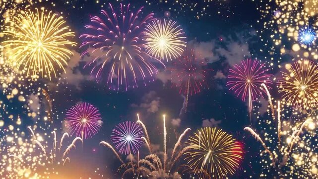 Fuegos artificiales y petardos para celebrar el A&ntilde;o Nuevo, fondo festivo animado