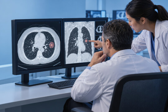 Radiologist examining lung nodule CT scan on computer monitor with colleague in hospital